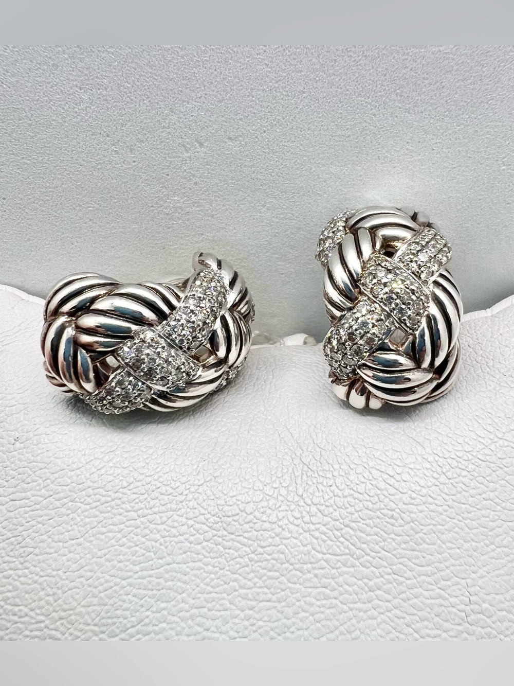 David Yurman Wide Woven Cable Sterling Silver & Diamond Earrings